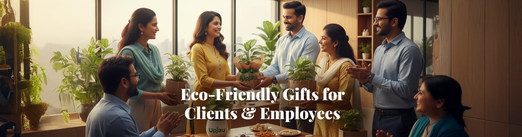 Eco-friendly corporate gifting banner with office team exchanging plants